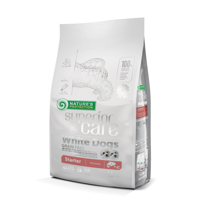 dry grain free food for puppies of all breeds with white coat with